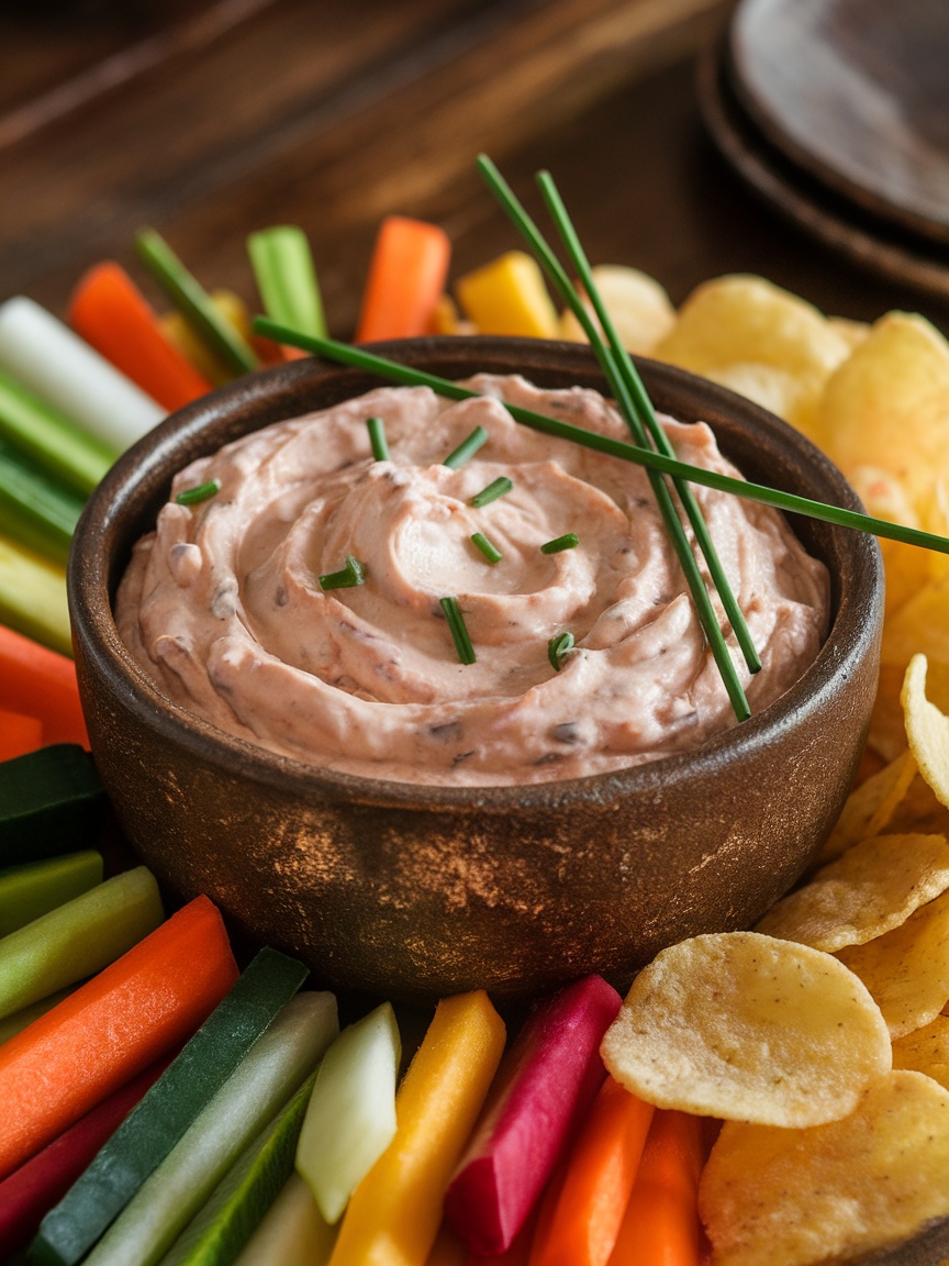 The Best Homemade French Onion Dip Recipe Creamy French onion dip in a bowl with chives and served with vegetable sticks and potato chips on a wooden table.