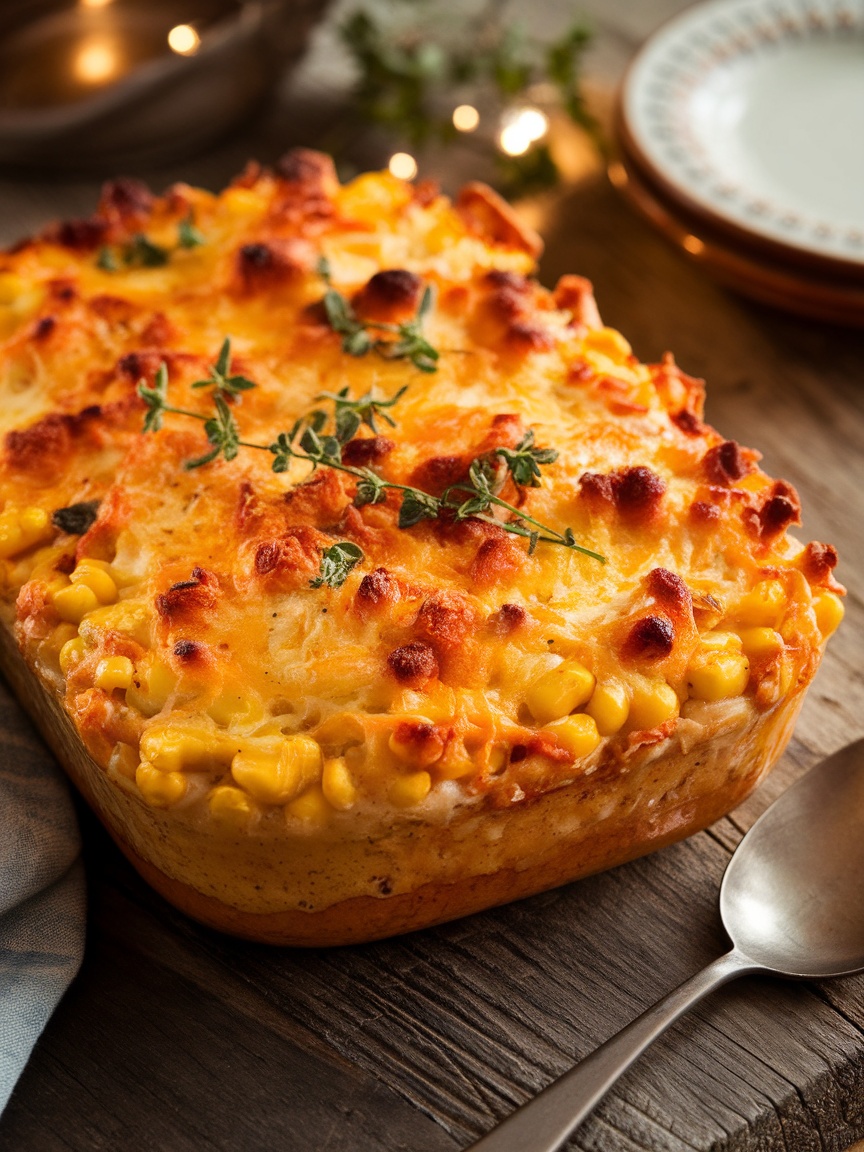 Delicious Baked Cheesy Corn Casserole Recipe A baked cheesy corn casserole with a golden brown top, served in a rustic dish on a wooden table.