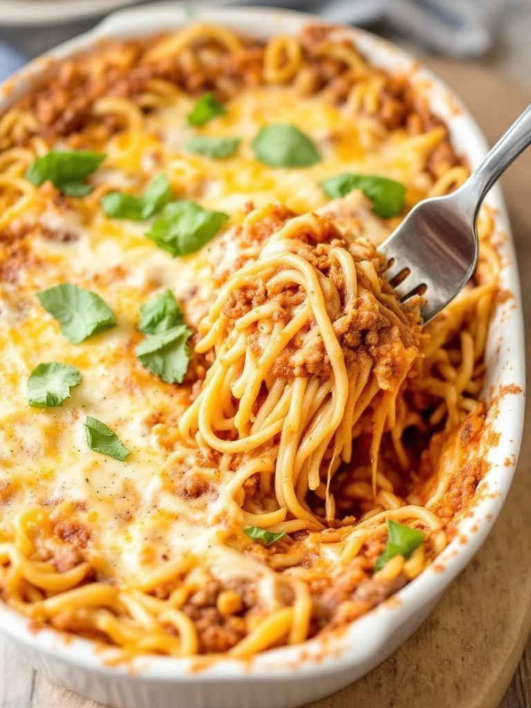 Cheesy Baked Spaghetti with Ground Beef A hearty serving of Cheesy Baked Spaghetti with Ground Beef, topped with bubbly melted cheese and garnished with basil.
