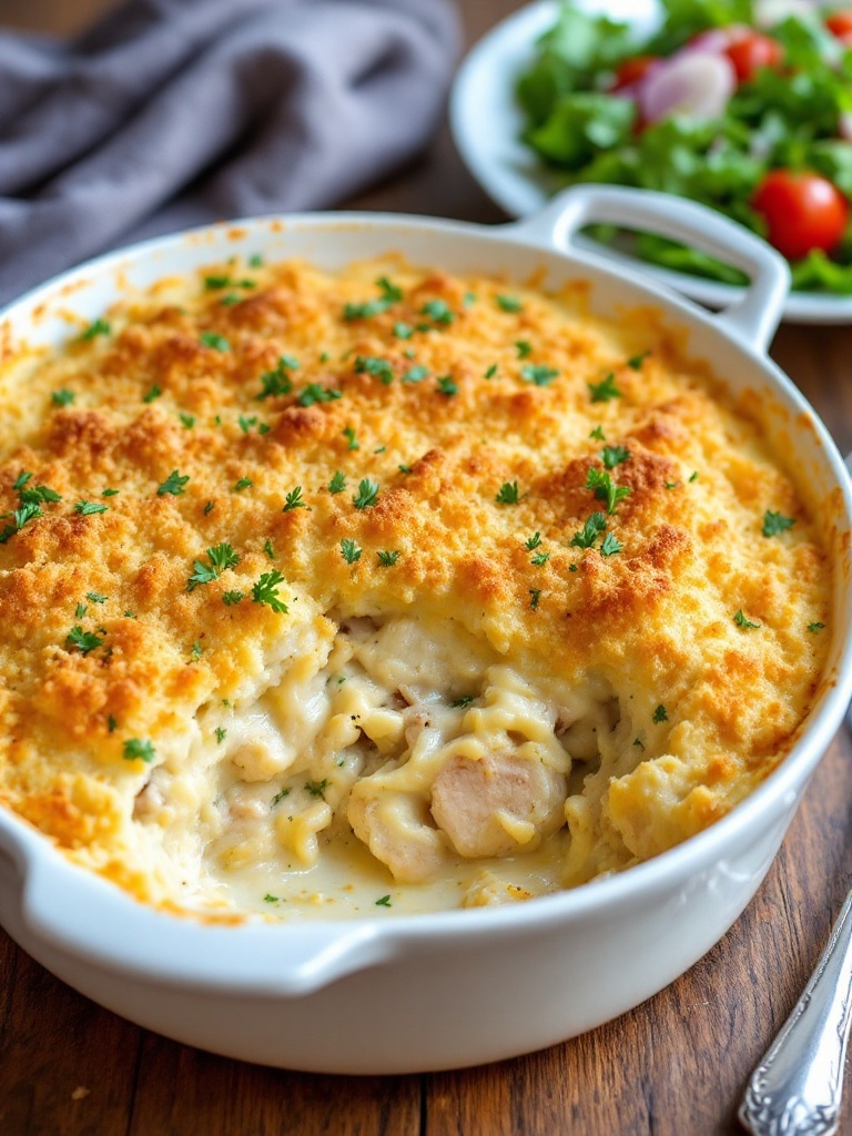 The Best Chicken Divan Recipe A delicious Chicken Divan casserole with a golden crust, served on a wooden table.