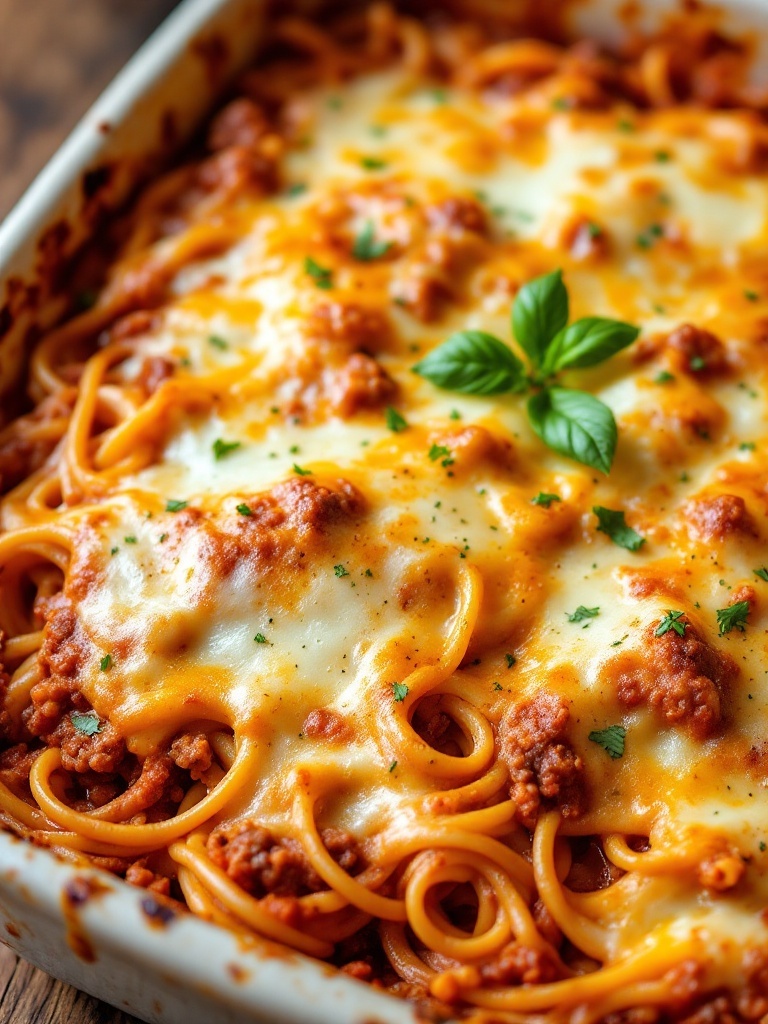 Cheesy Baked Spaghetti with Ground Beef Cheesy baked spaghetti with ground beef topped with melted cheese and basil in a rustic dish.
