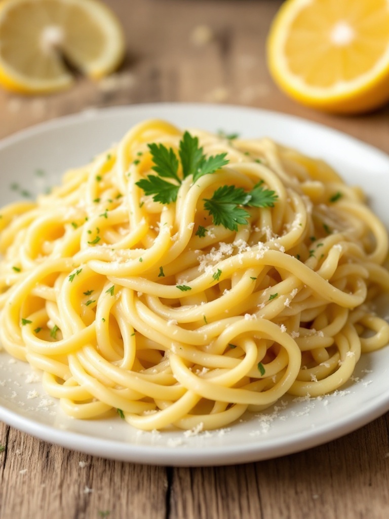 Quick and Zesty 20-Minute Creamy Lemon Pasta Recipe A delicious serving of creamy lemon pasta garnished with parsley and Parmesan cheese on a rustic table.
