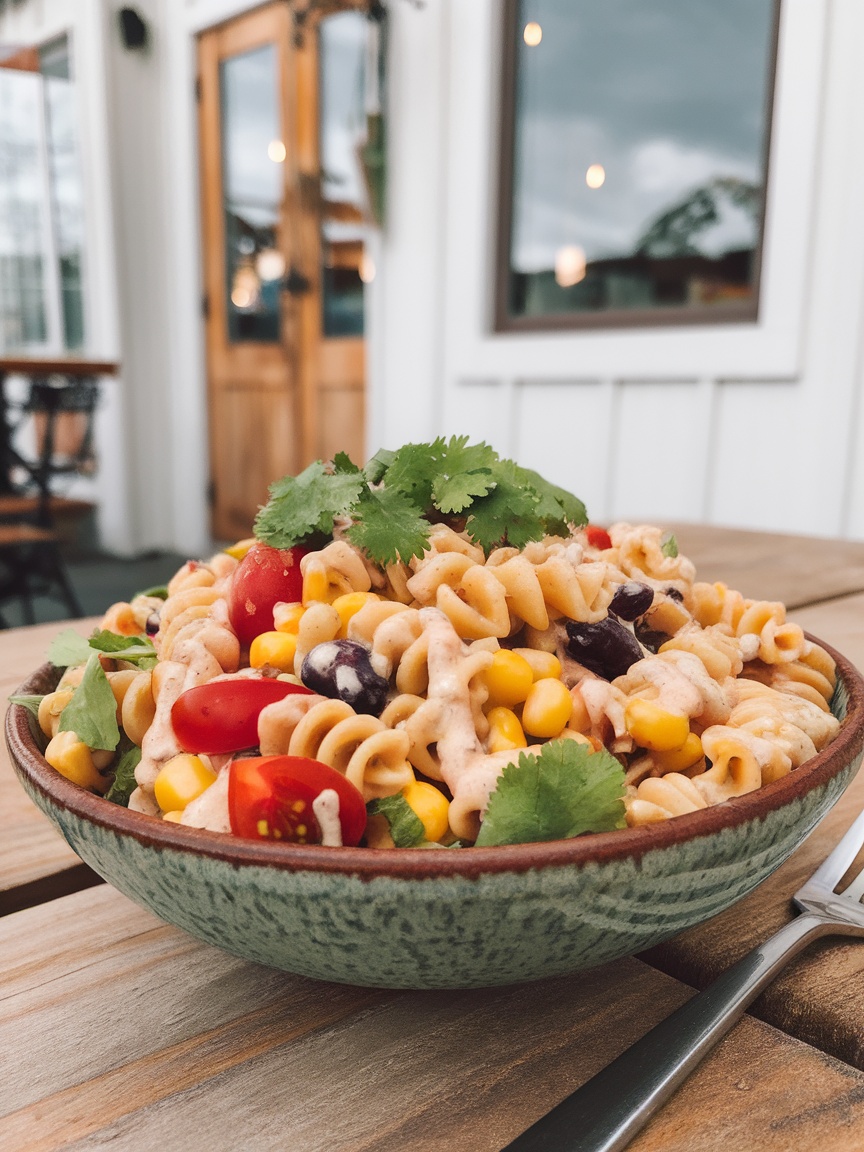 Quick and Delicious 25 Minute Taco Pasta Salad Recipe Taco Pasta Salad with pasta, tomatoes, corn, beans, and dressing in a rustic bowl on a wooden table.