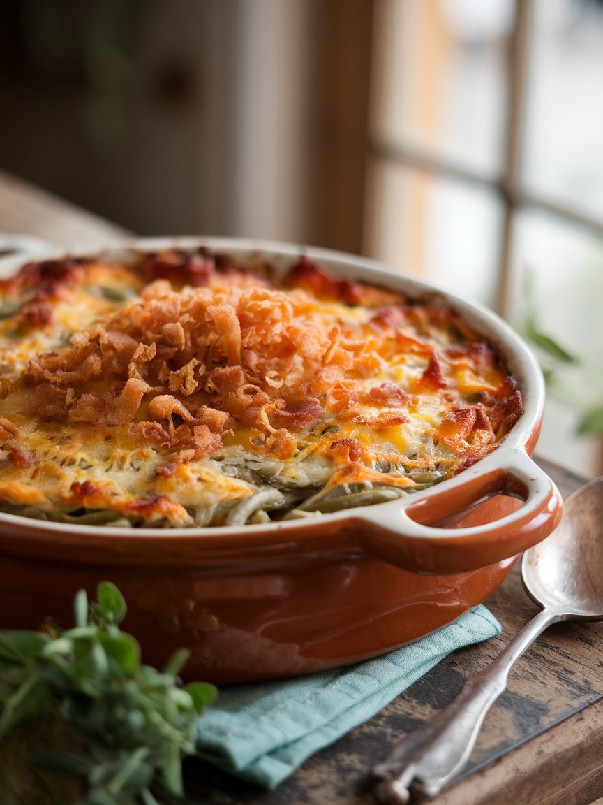 Cheesy Bacon Green Bean Casserole Delight Cheesy Bacon Green Bean Casserole in a dish, topped with fried onions, served on a rustic table.