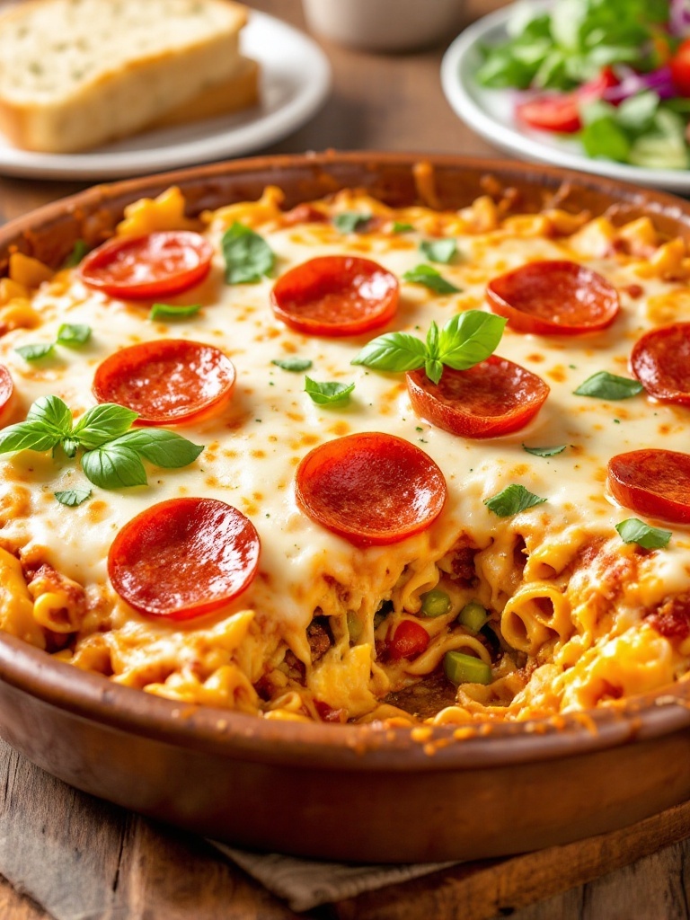 Cheesy Supreme Pizza Casserole Delight Cheesy Supreme Pizza Casserole with layers of pasta, cheese, and toppings, garnished with basil on a rustic table.