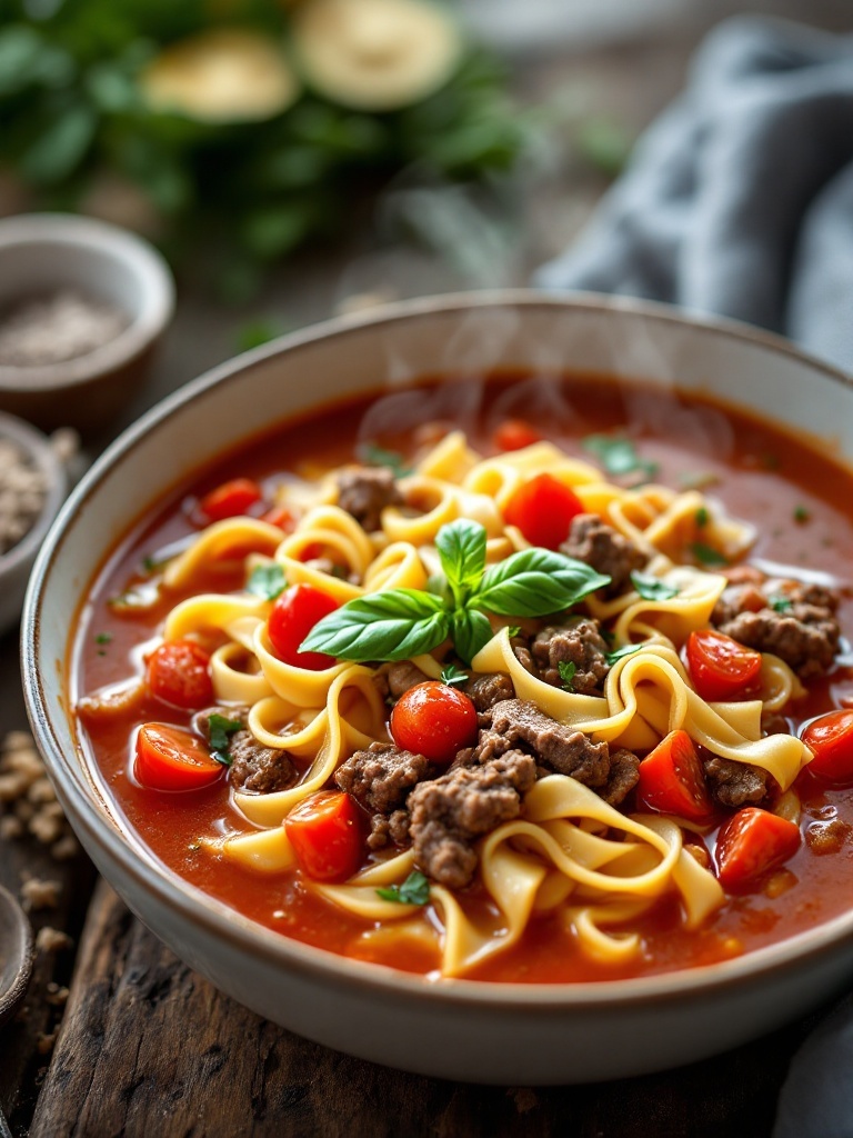 Creamy Ground Beef and Tomato Soup with Noodles Creamy ground beef and tomato soup with noodles, garnished with basil, on a rustic table.
