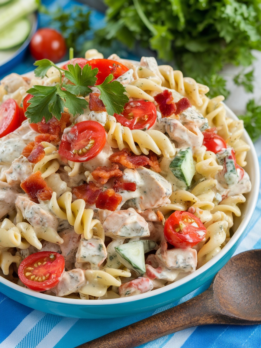 Delicious Chicken Bacon Ranch Pasta Salad Recipe A colorful Chicken Bacon Ranch Pasta Salad with pasta, chicken, bacon, tomatoes, and cucumber garnished with parsley in a rustic setting.