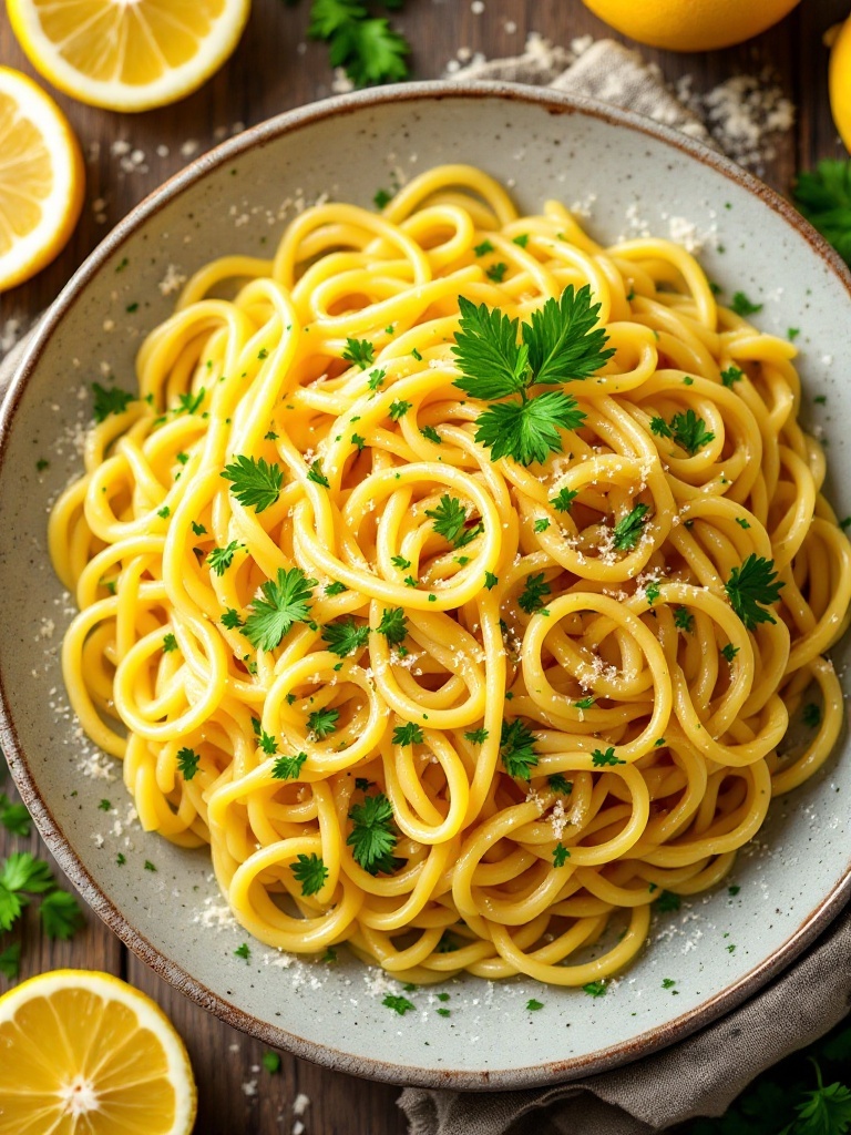 Quick and Zesty 20-Minute Creamy Lemon Pasta A bowl of creamy lemon pasta with parsley and lemon slices on a rustic table.
