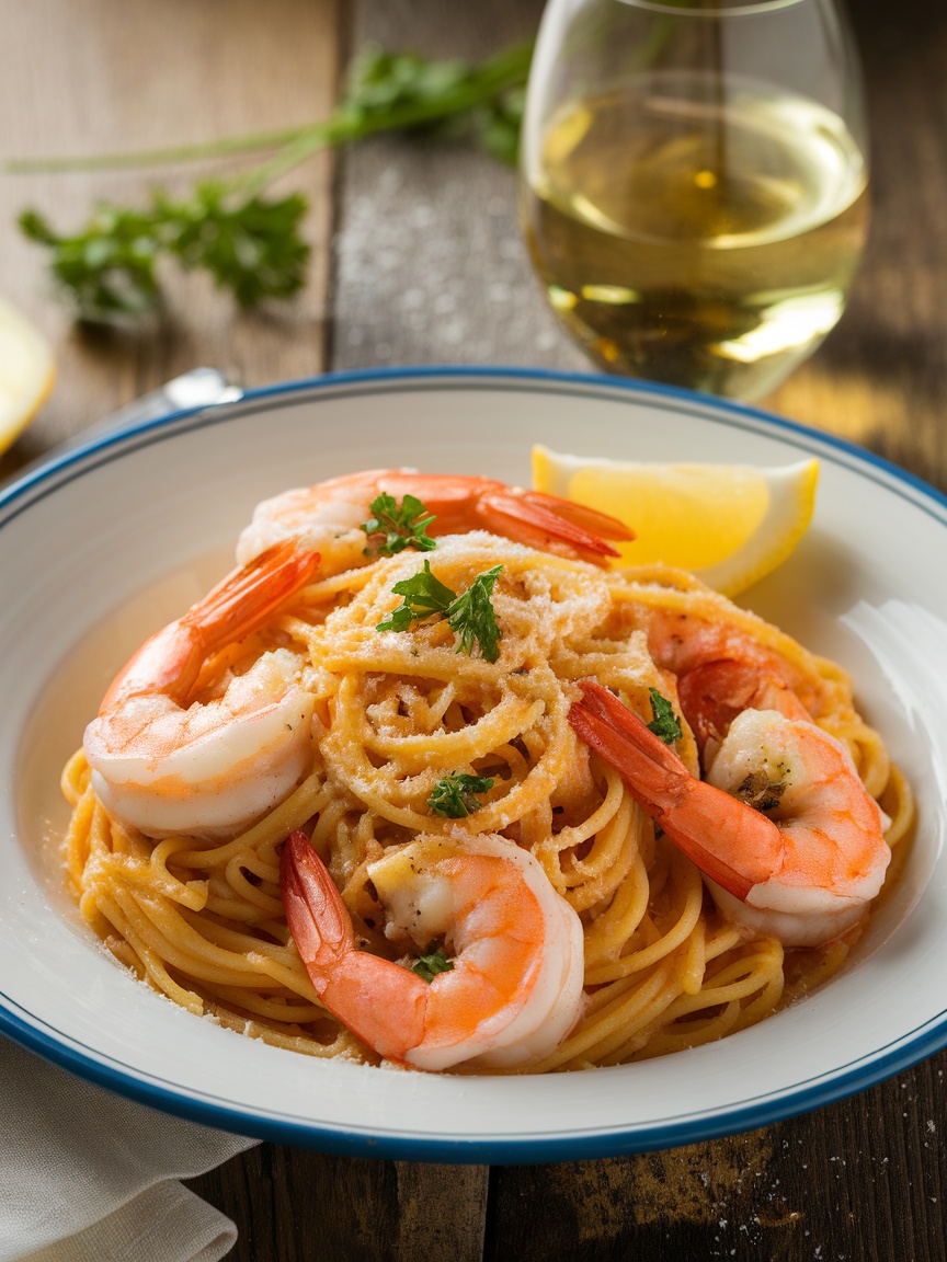 Quick and Delicious Garlic Shrimp Pasta Recipe Delicious garlic shrimp pasta with parsley and lemon, served on a rustic wooden table with a glass of wine.