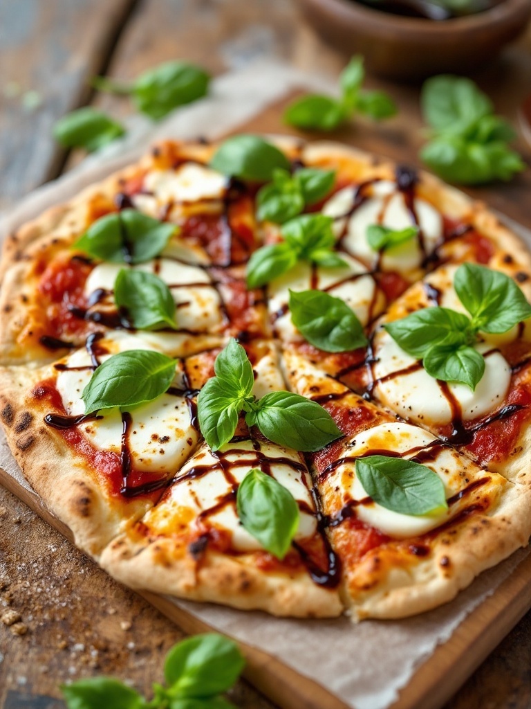 Quick and Delicious 20 Minute Margherita Flatbread Recipe Delicious Margherita flatbread topped with mozzarella and basil on a wooden cutting board.