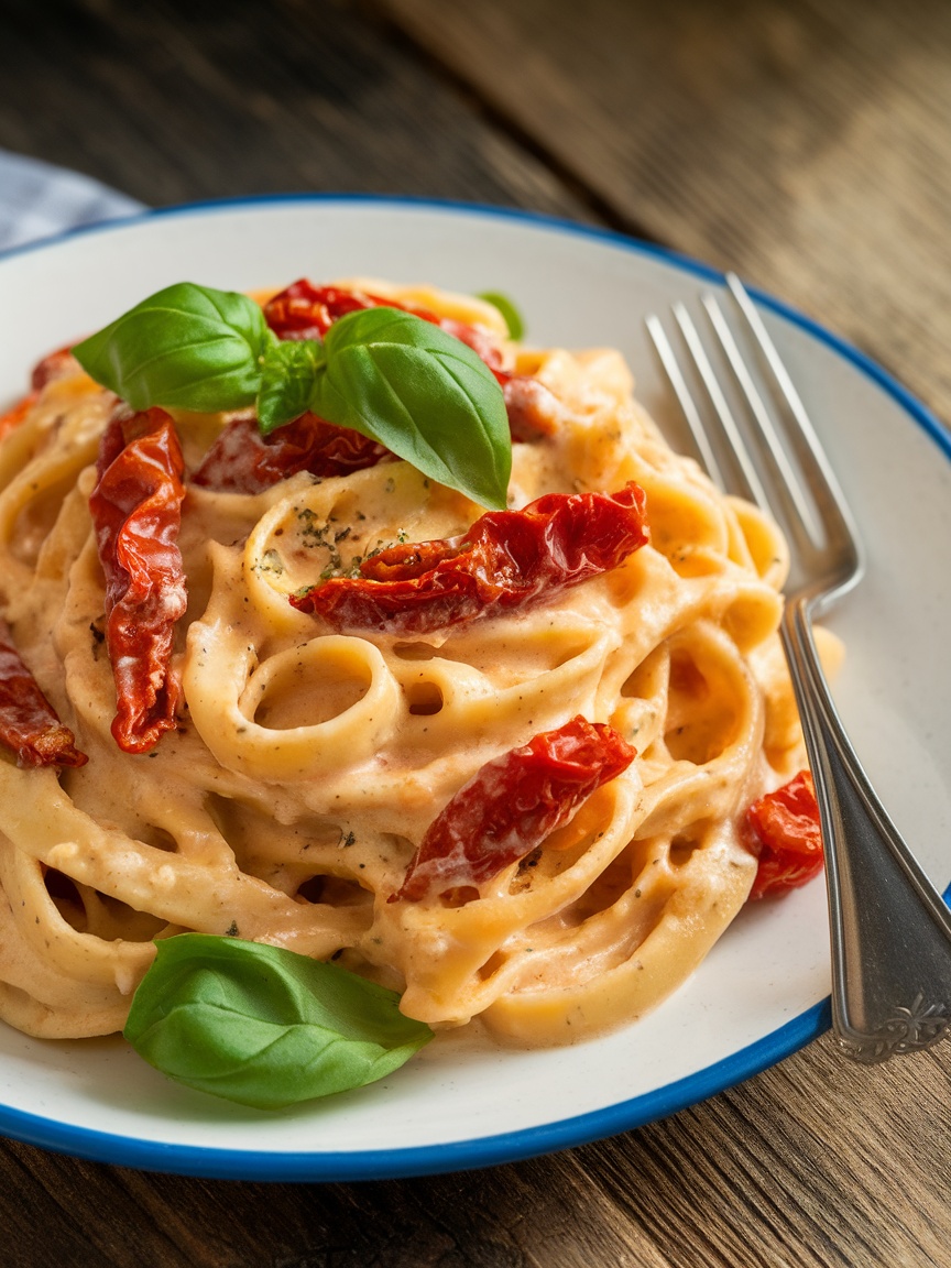 Deliciously Creamy Pasta with Sun-Dried Tomatoes Recipe Creamy pasta with sun-dried tomatoes and basil on a rustic wooden table.