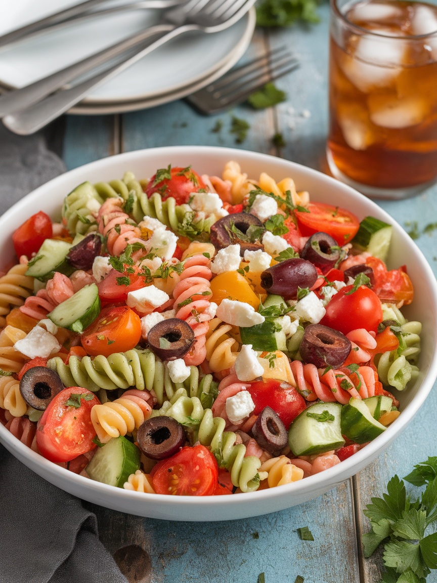 Veggie Loaded Pasta Salad with Italian Dressing A colorful Veggie Loaded Pasta Salad with rotini pasta, cherry tomatoes, cucumbers, bell peppers, black olives, and Italian dressing.