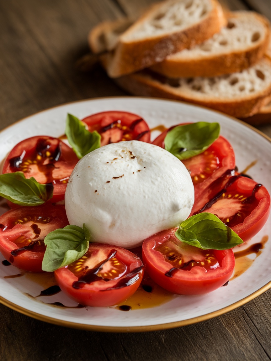 Delicious Easy Burrata Cheese Appetizer Burrata cheese appetizer with tomatoes and basil on a rustic table with bread.