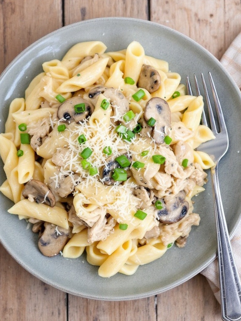 The Easiest Chicken Tetrazzini Recipe A creamy Chicken Tetrazzini with pasta, chicken, and mushrooms, garnished with green onions and Parmesan on a rustic table.