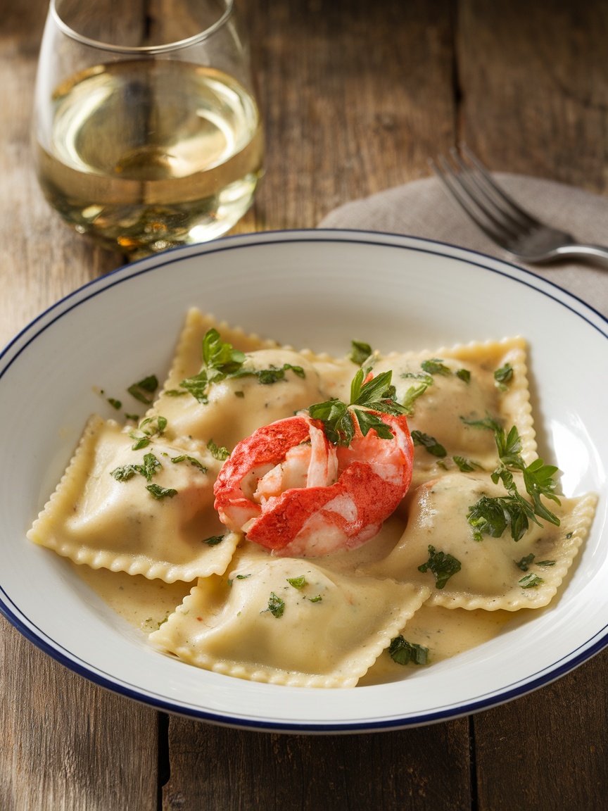 The Easiest Lobster Ravioli Recipe Plate of lobster ravioli in creamy sauce, garnished with parsley, on a rustic wooden table with wine.