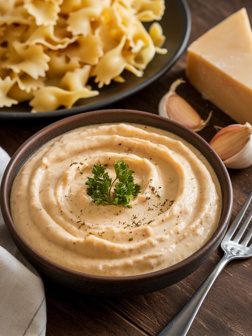 Quick and Delicious 15 Minute Garlic Parmesan Sauce Creamy garlic parmesan sauce in a bowl next to a plate of pasta, garnished with parsley.