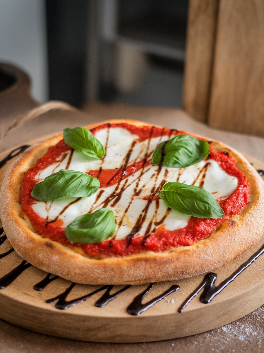 Quick and Delicious 20 Minute Margherita Flatbread A delicious Margherita flatbread topped with mozzarella, basil, and drizzled with balsamic glaze.