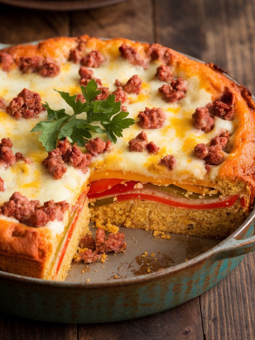 Easy One Pan Cornbread Casserole with Italian Flair Golden cornbread casserole with Italian sausage and bell peppers, garnished with parsley.
