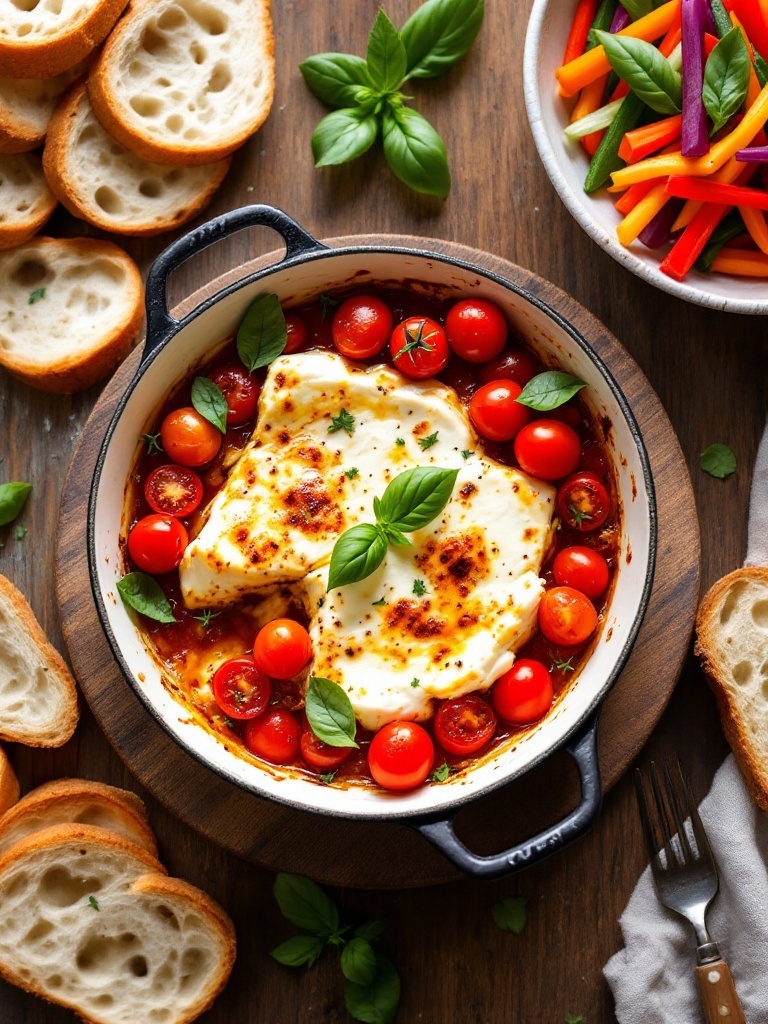 Delicious Creamy Baked Feta Cheese Dip Creamy baked feta cheese dip with cherry tomatoes and basil, served with bread and vegetable sticks.