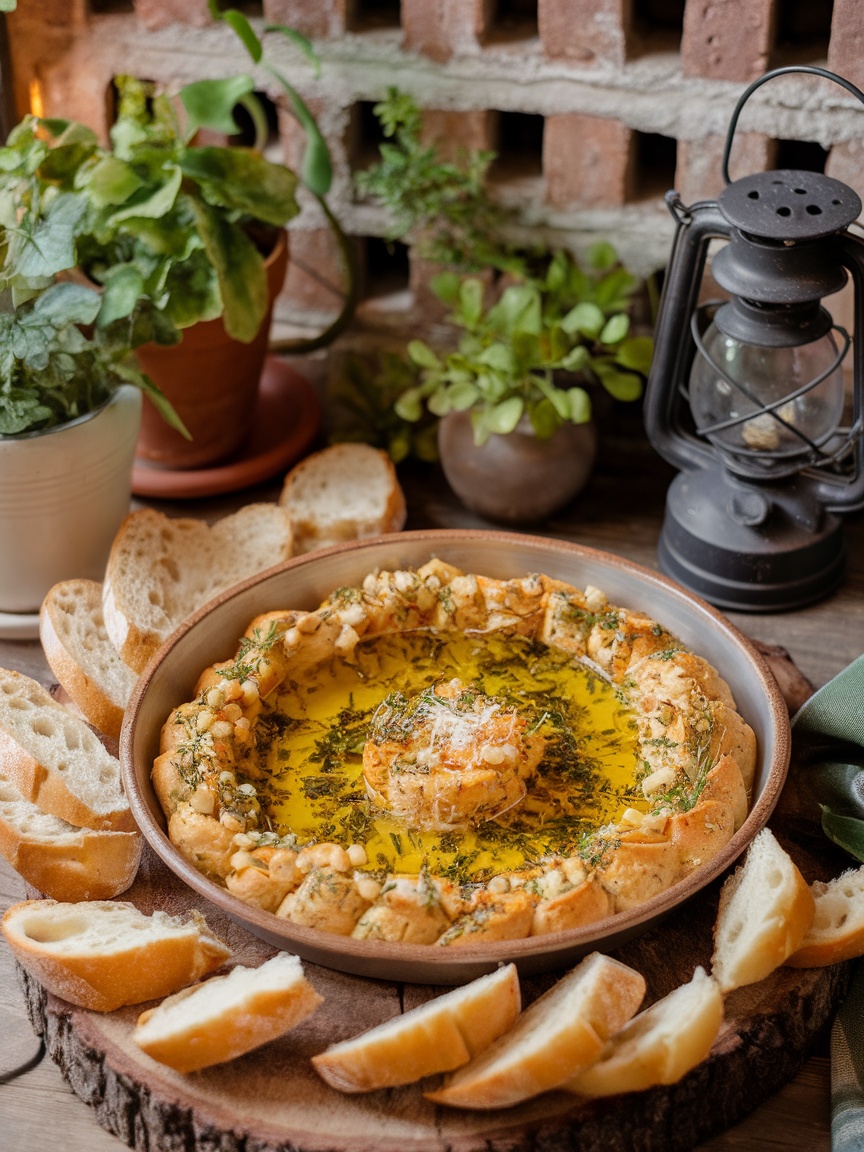 Flavorful Olive Oil Bread Dip Recipe Olive oil bread dip with garlic and herbs served with crusty bread on a rustic table.