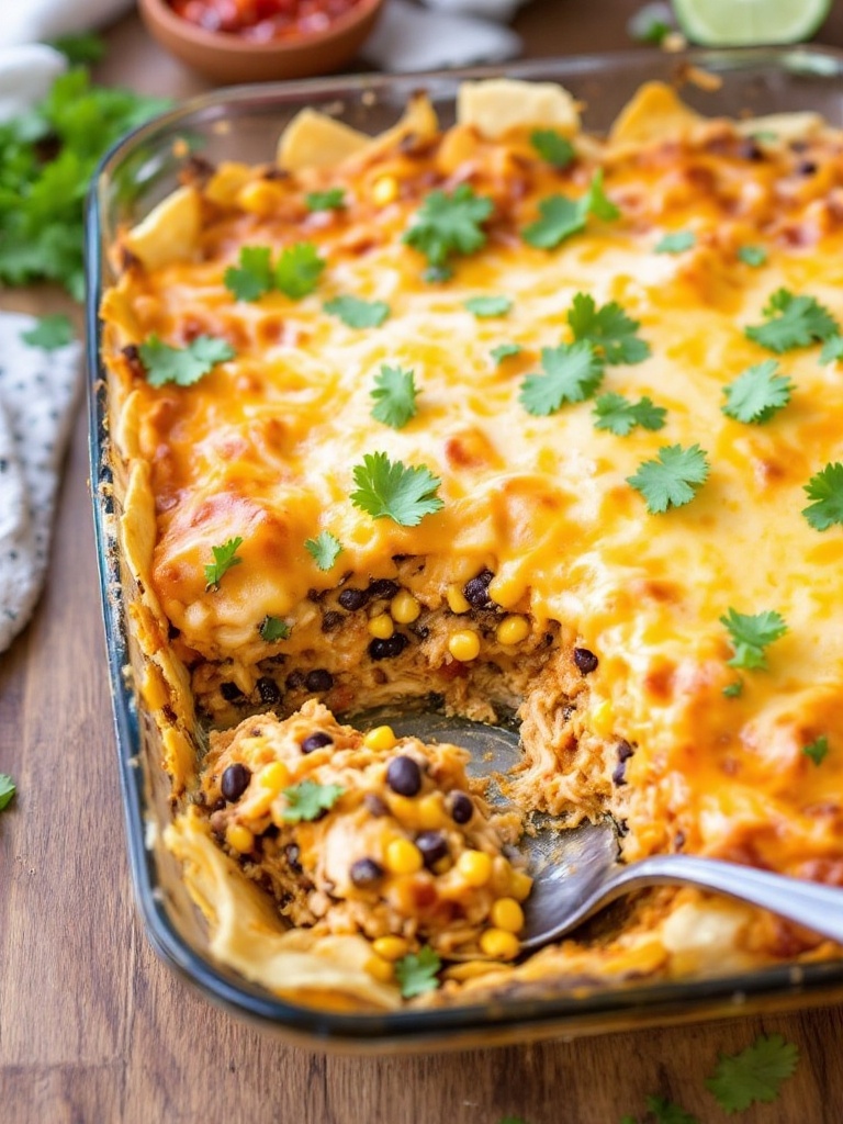 Quick and Delicious Cheesy Chicken Enchilada Casserole Cheesy chicken enchilada casserole with layers of chicken, beans, corn, and melted cheese, garnished with cilantro on a wooden table.