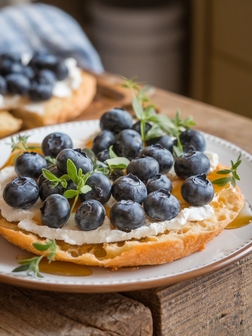 Savory Blueberry Flatbread with Goat Cheese Recipe Savory Blueberry Flatbread topped with goat cheese and fresh blueberries, garnished with herbs on a rustic wooden table.