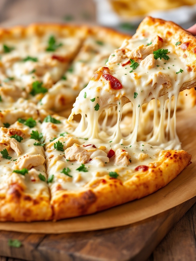 The Best Chicken Alfredo Pizza Recipe A delicious Chicken Alfredo Pizza with creamy sauce, chicken, and melted cheese on a wooden table.