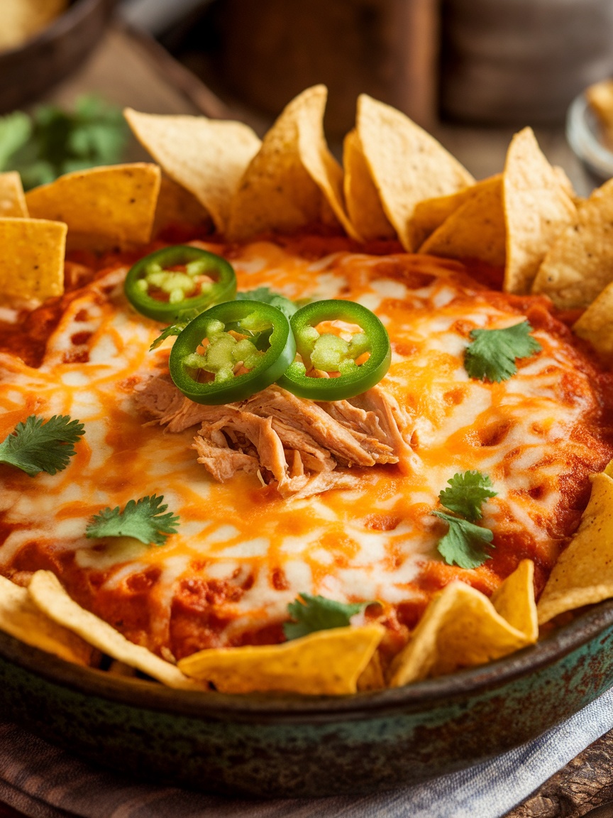 Savory Chicken Enchilada Dip Recipe A bubbling Chicken Enchilada Dip in a baking dish with tortilla chips, garnished with cilantro and jalapeños.