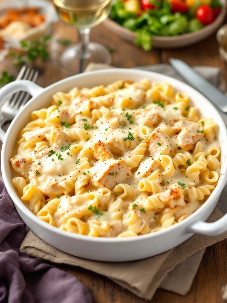 Creamy Chicken and Pasta Alfredo Bake A creamy Chicken and Pasta Alfredo Bake with melted cheese and parsley, on a rustic table with salad and wine.