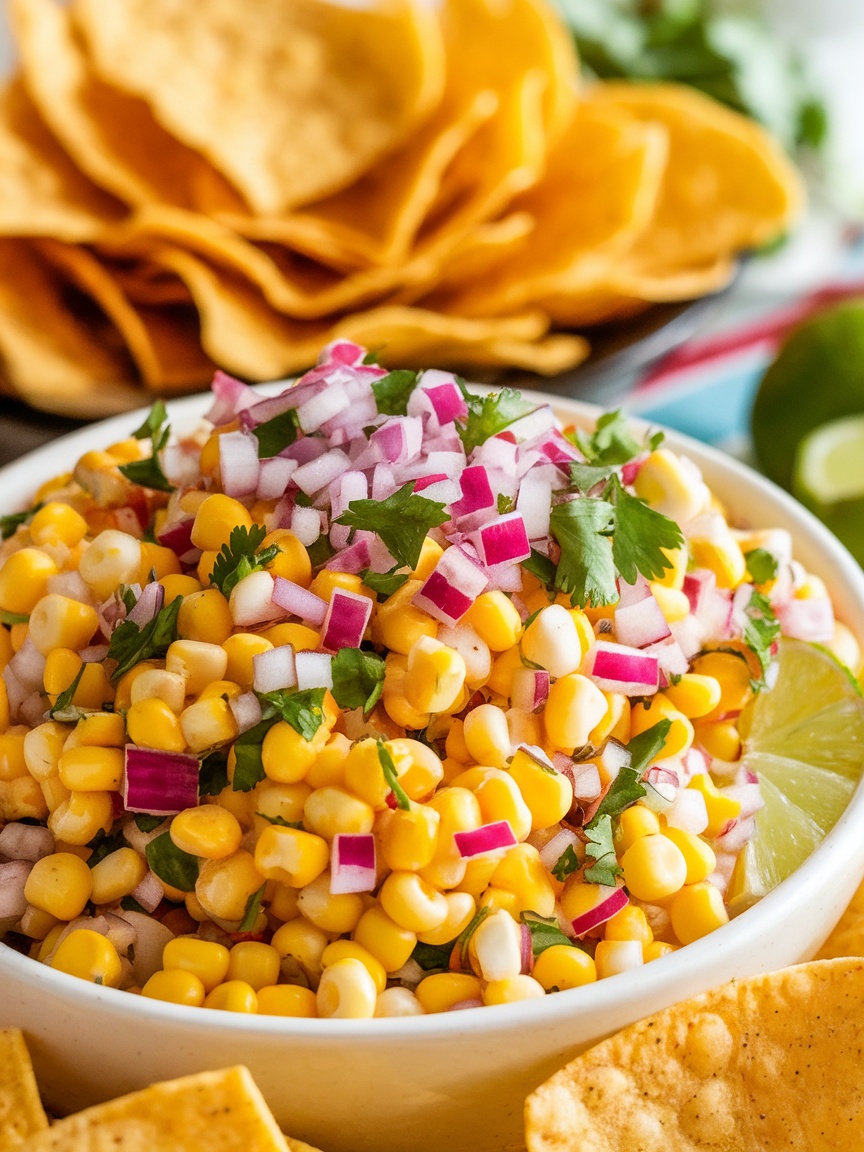 Zesty Corn Salsa Inspired by Chipotle A colorful bowl of corn salsa with fresh ingredients and tortilla chips on the side.