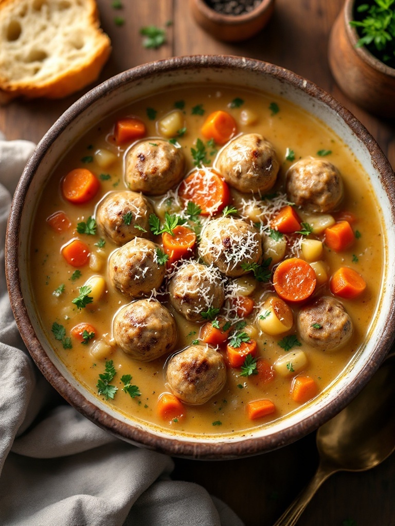 Creamy Italian Meatball Soup Recipe Creamy Italian meatball soup with meatballs, carrots, served in a rustic bowl with bread.