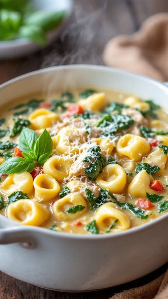 Creamy Tuscan Chicken Tortellini Soup Recipe A bowl of creamy chicken tortellini soup with spinach and Parmesan, on a wooden table.