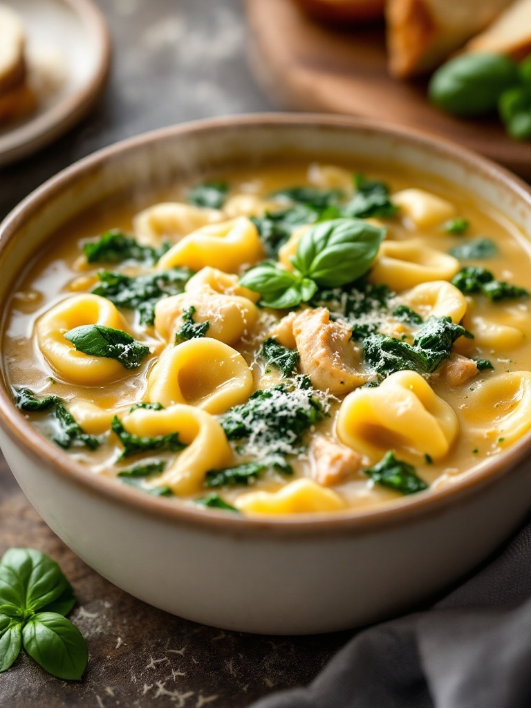 Creamy Tuscan Chicken Tortellini Soup Recipe A bowl of creamy chicken tortellini soup with spinach and Parmesan, garnished with basil, on a wooden table with bread.