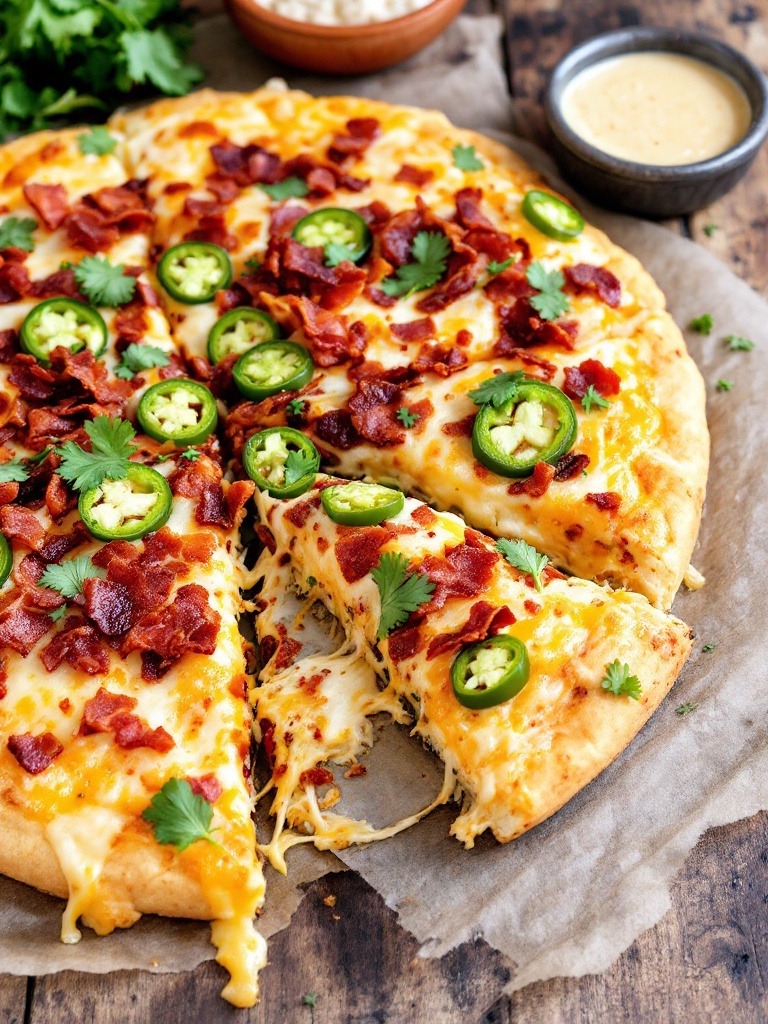 Spicy Jalapeño Popper Pizza Recipe A slice of jalapeño popper pizza with a crispy crust, melted cheese, jalapeños, and bacon on a wooden table.