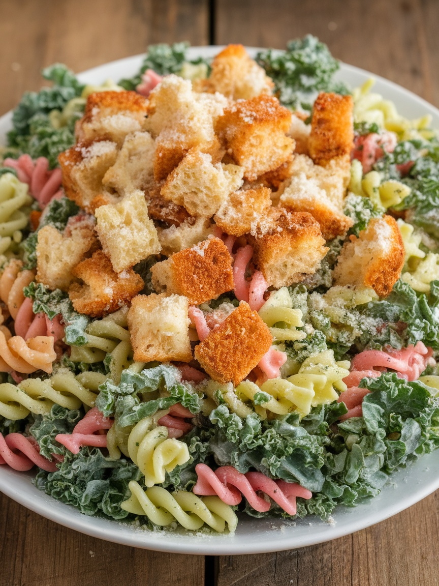 Kale Caesar Pasta Salad Recipe A bowl of Kale Caesar Pasta Salad with pasta, kale, croutons, and Parmesan cheese on a wooden table.