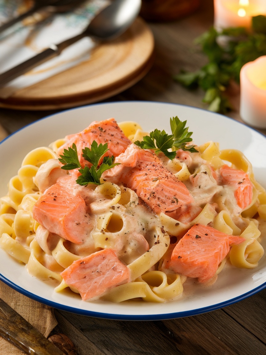 Quick and Creamy Salmon Pasta in 30 Minutes Creamy salmon pasta with fettuccine and parsley on a rustic wooden table.