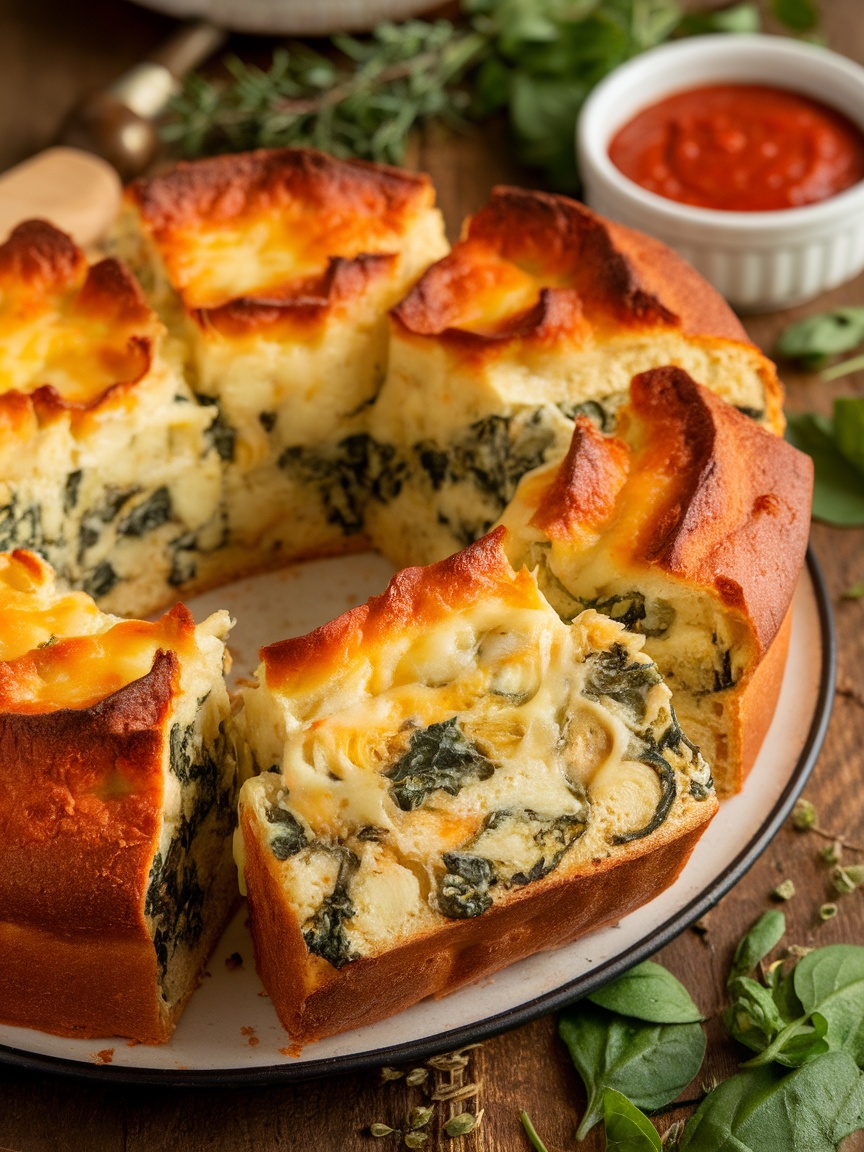 Easy Spinach and Artichoke Cheese Bread Recipe A platter of baked spinach and artichoke cheese bread, sliced and ready to serve, on a rustic wooden table.