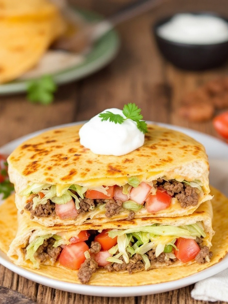 Taco Bell Crunchwrap Supreme – Copycat Recipe A half-cut Taco Bell Crunchwrap Supreme showing layers of beef, cheese, lettuce, and tomato on a wooden table with sour cream.