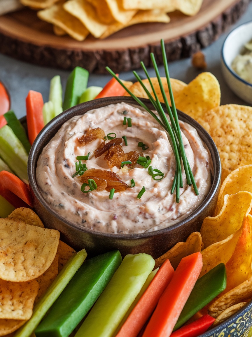 The Best Homemade French Onion Dip Recipe A bowl of creamy French onion dip with chives, served with chips and vegetable sticks on a rustic wooden board.