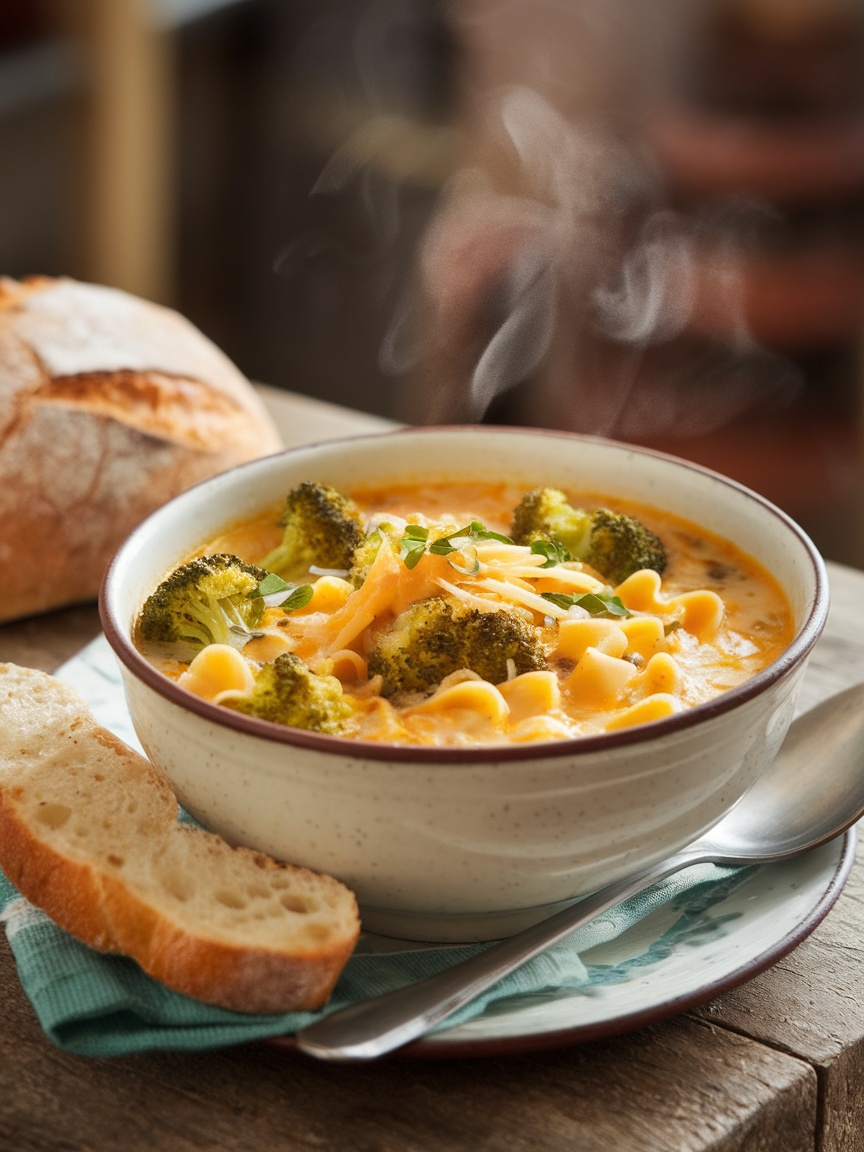Comforting One-Pot Broccoli Cheese Noodle Soup A comforting bowl of broccoli cheese noodle soup with vibrant broccoli and noodles, garnished with cheese, on a rustic table with bread.