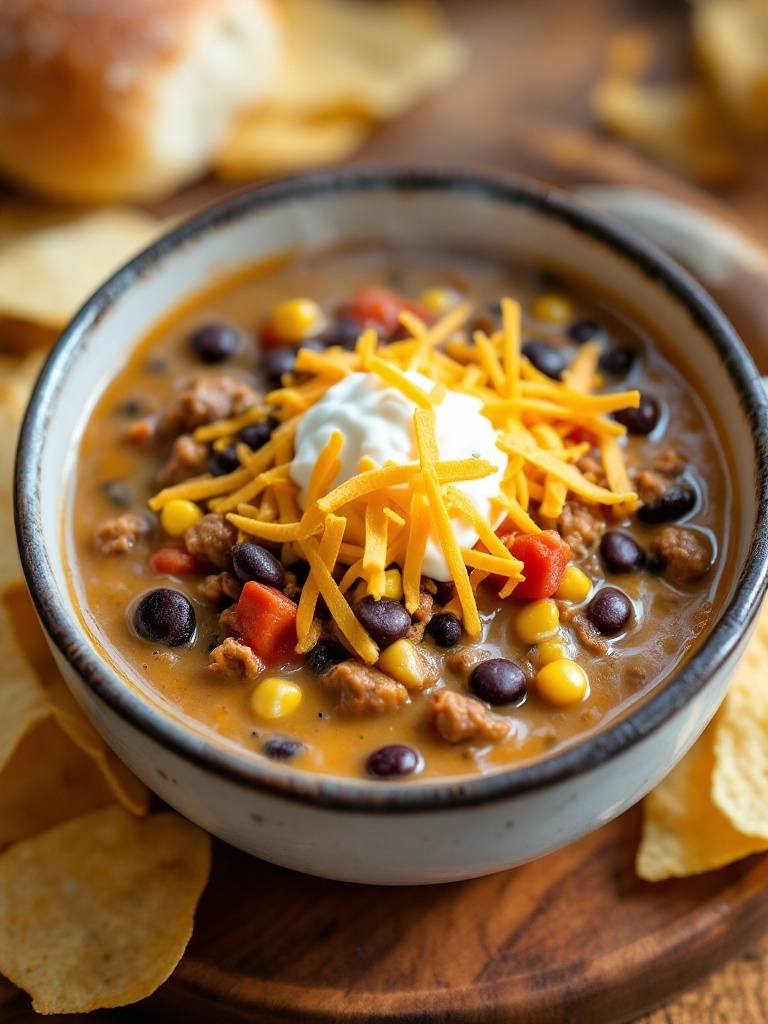 One Pot Creamy Taco Soup Recipe A vibrant bowl of creamy taco soup with beef, beans, and corn, garnished with cheese and sour cream, alongside tortilla chips.