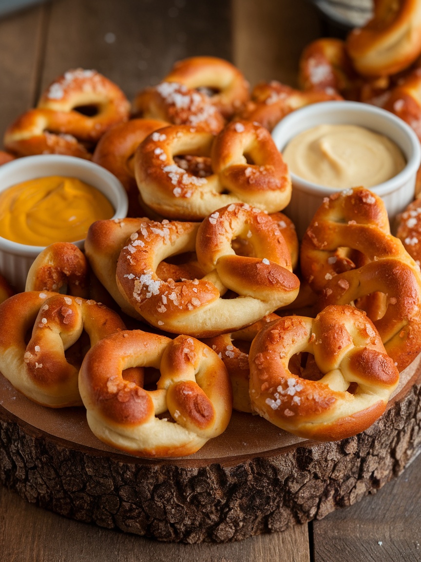 Chewy Pizza Dough Pretzel Bites Recipe Golden-brown Pizza Dough Pretzel Bites with salt, served with dipping sauces on a wooden platter.