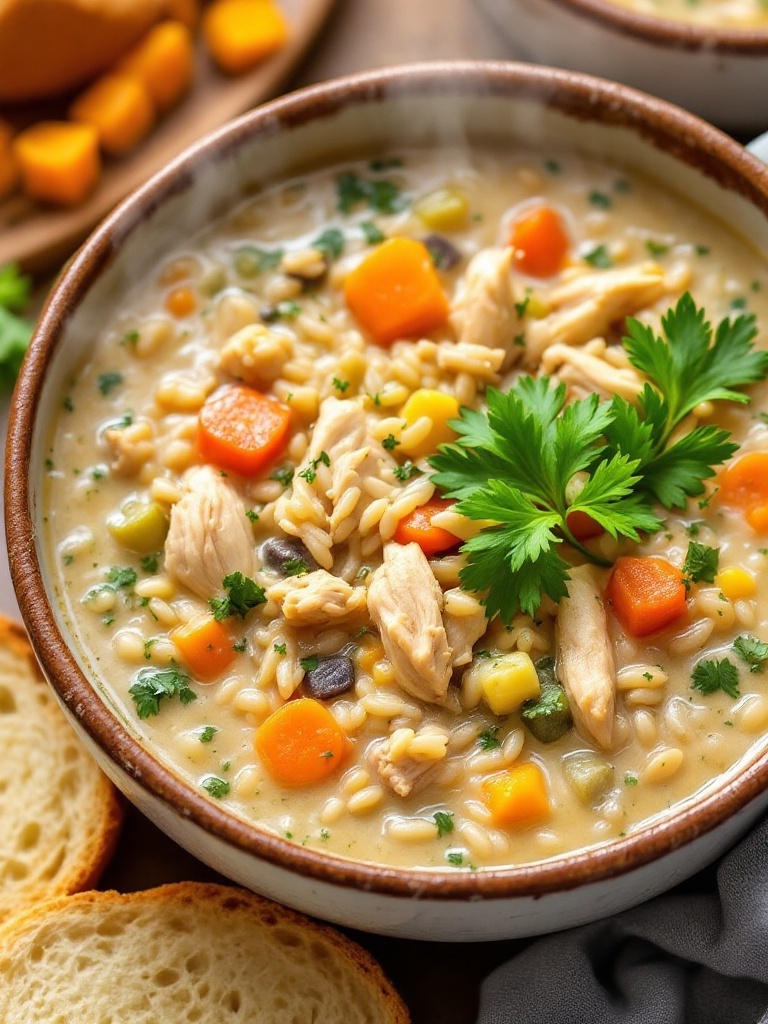 Creamy Rotisserie Chicken Wild Rice Soup A bowl of creamy wild rice soup with chicken and vegetables, garnished with parsley, beside a slice of bread.
