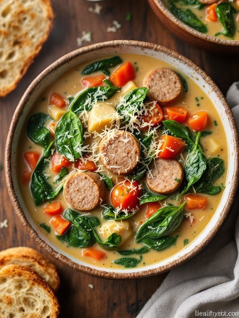 Savory Creamy Tuscan Sausage Soup Recipe Creamy Tuscan sausage soup with spinach and tomatoes, garnished with Parmesan cheese, served with crusty bread.