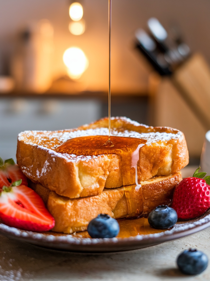 The Best Air Fryer French Toast Recipe Air fryer French toast topped with powdered sugar and maple syrup, served with fresh berries.