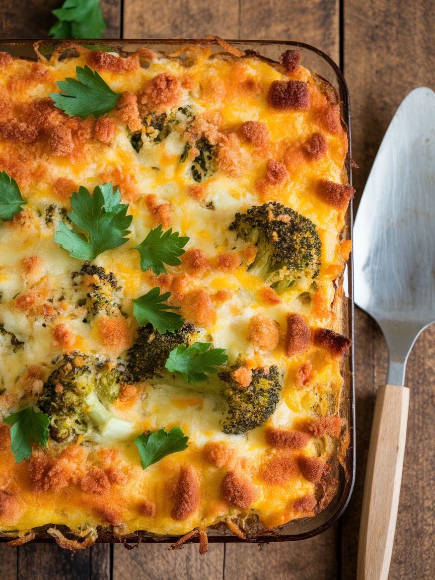 Easy Baked Broccoli Cheese Casserole A cheesy and golden baked broccoli casserole with breadcrumbs and fresh broccoli on a wooden table.