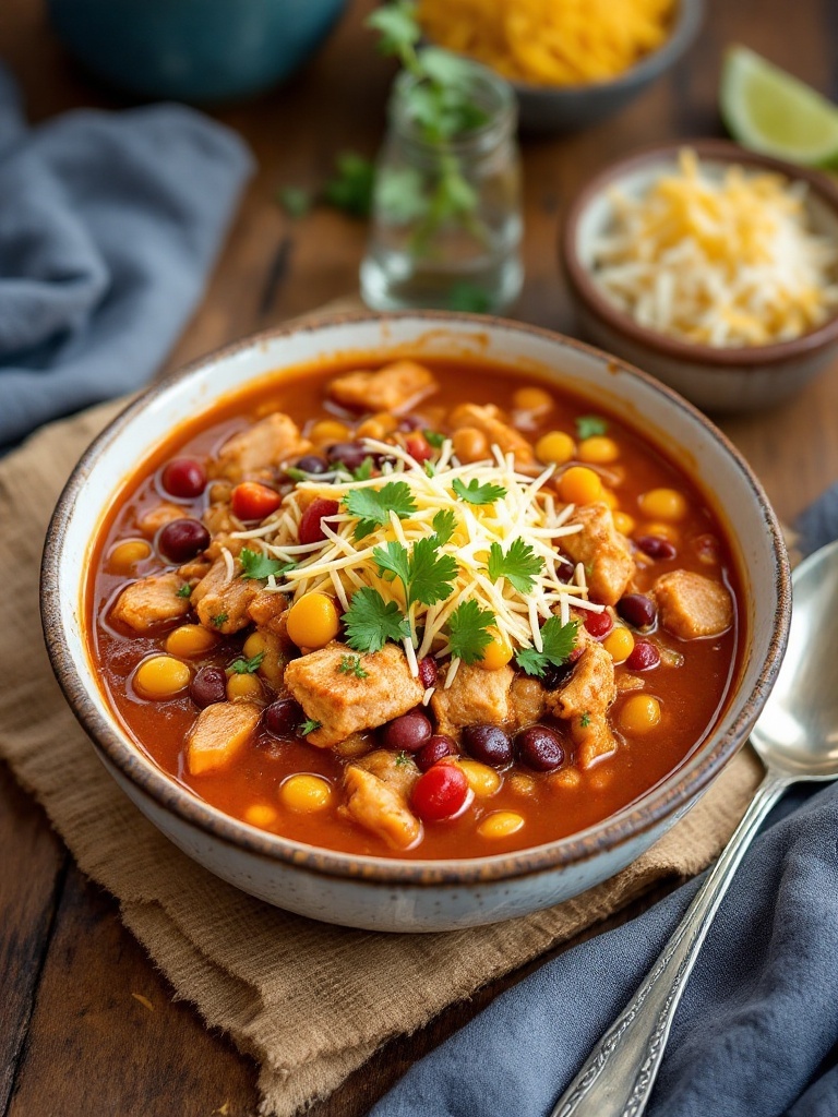 Quick and Tasty Instant Pot Chicken Chili Recipe A bowl of chicken chili with beans and spices, garnished with cilantro and cheese, on a wooden table.