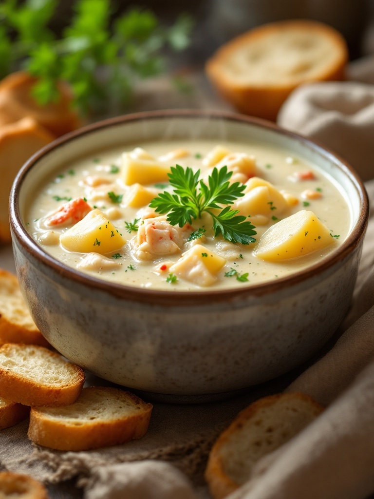 30 Minute One Pot Creamy Crab Soup A bowl of creamy crab soup filled with crab meat and potatoes, garnished with parsley, beside slices of bread.