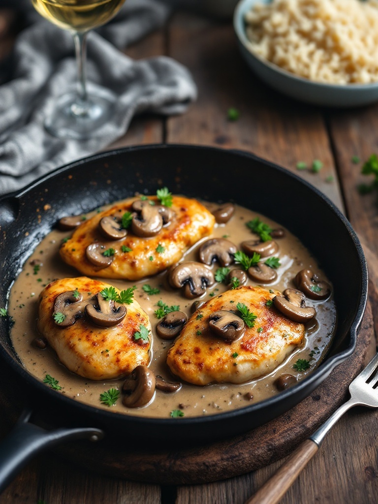 Savory Skillet Chicken with Cream of Mushroom Soup Skillet chicken in creamy mushroom sauce garnished with parsley, served with rice.