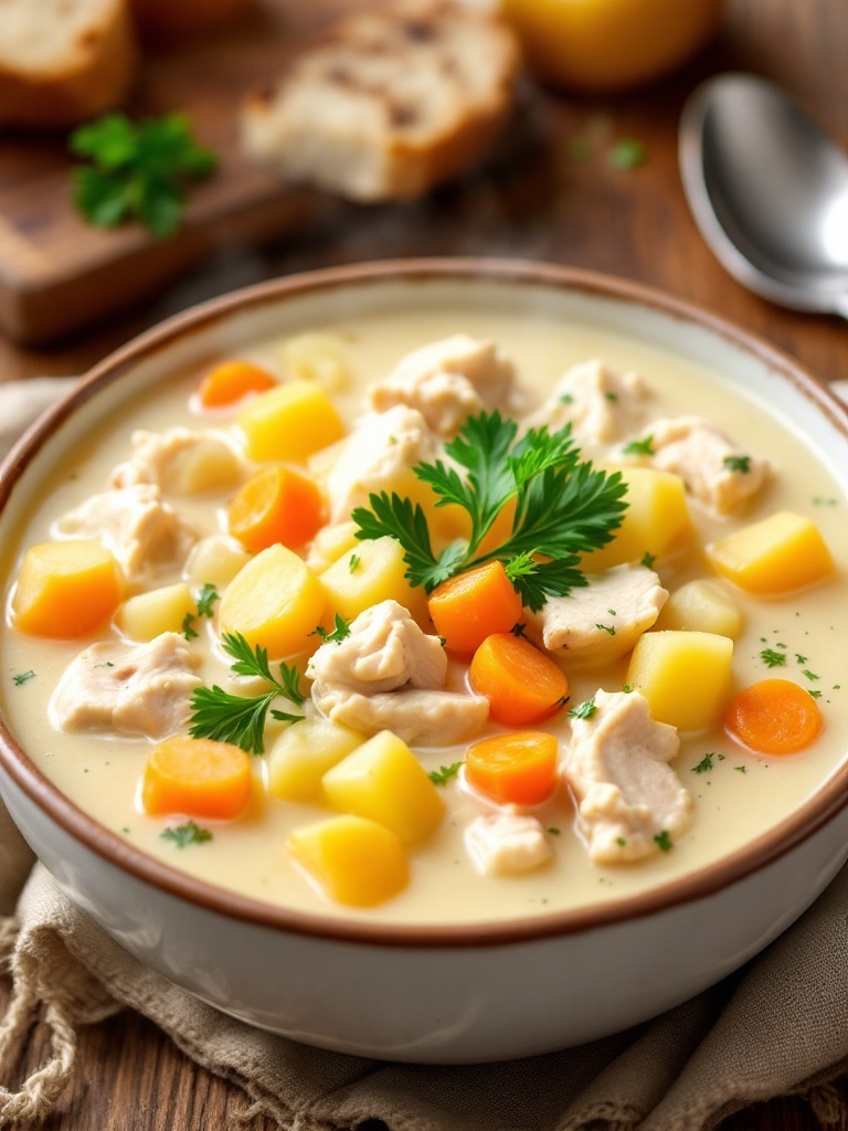 One Pot Creamy Chicken and Potato Soup A hearty bowl of creamy chicken potato soup with chicken, potatoes, and carrots, garnished with parsley on a rustic table with bread.